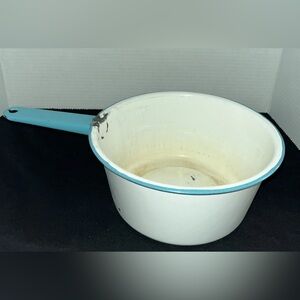 Enamel Sauce Pan White with Blue & Blue Handle Vintage
